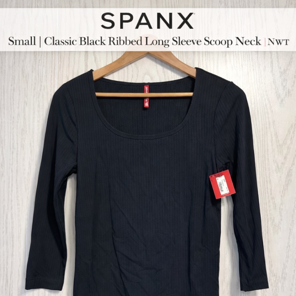SPANX Classic Black Ribbed Long Sleeve Scoop Neck Top Small NWT